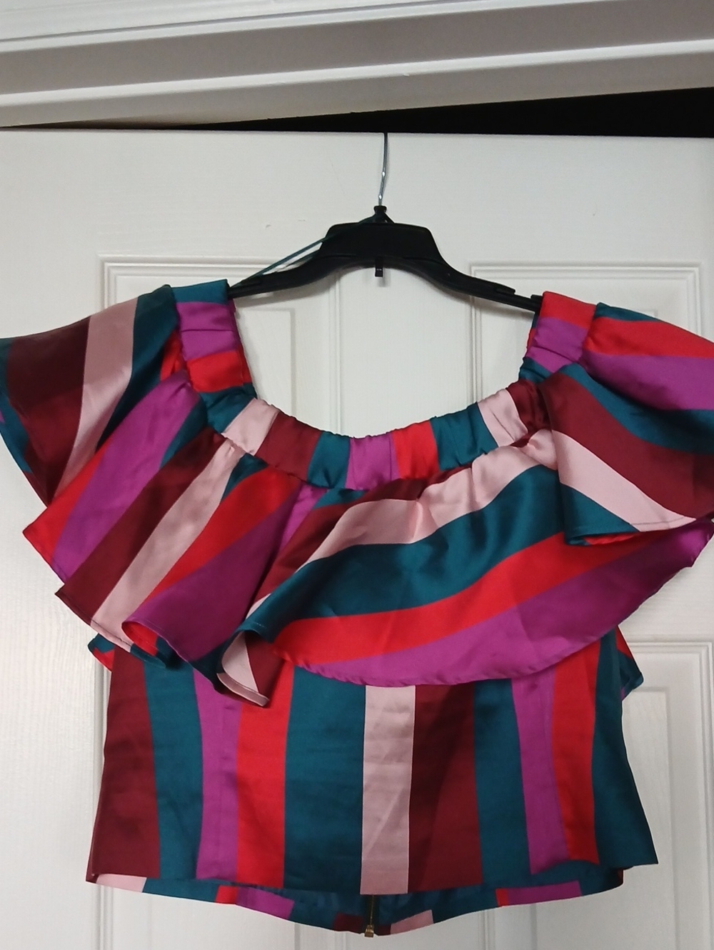 Uterque Multicolor Striped Off-Shoulder Ruffle Crop Top